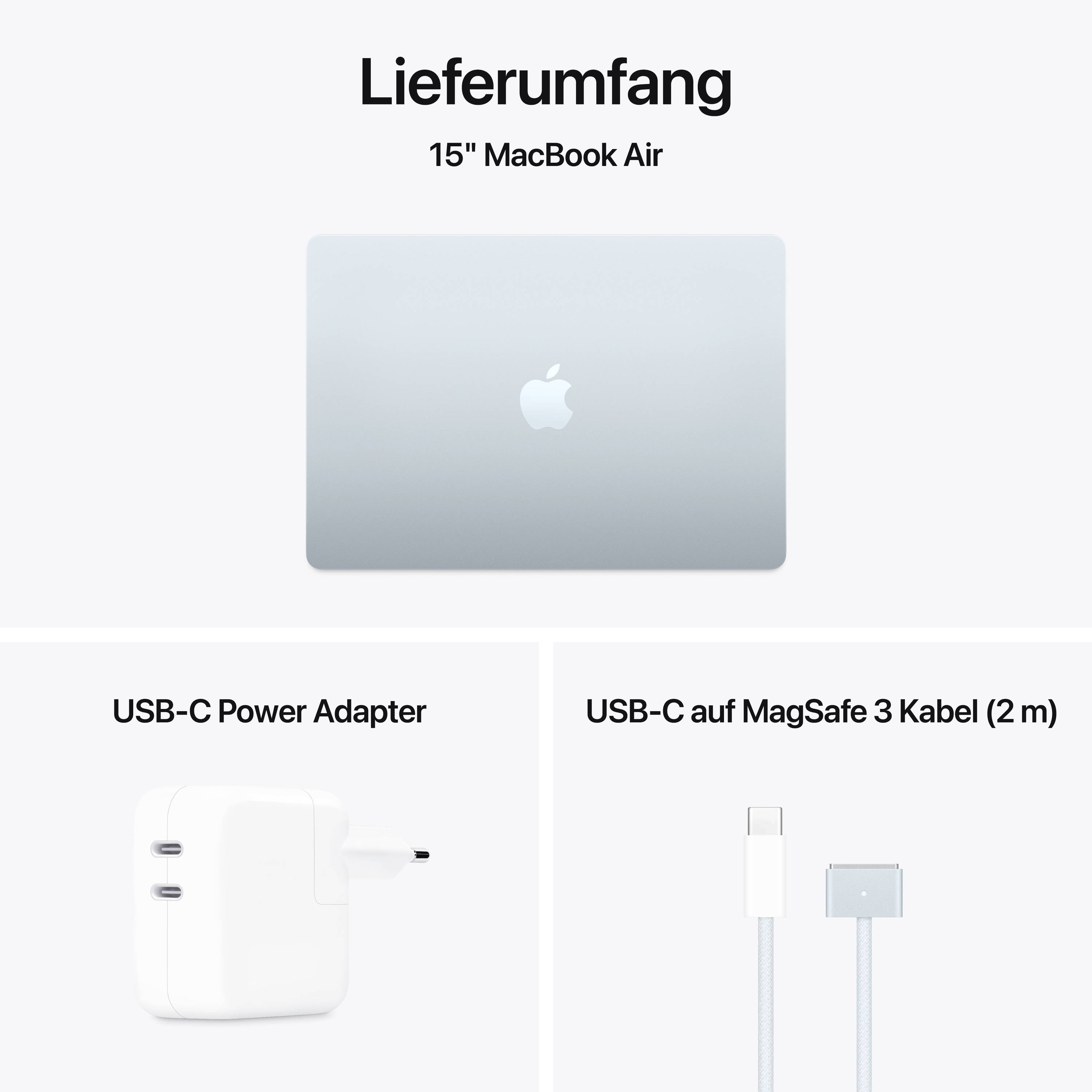 Lieferumfang eines 15" MacBook Air: USB-C Power Adapter und USB-C zu MagSafe 3 Kabel (2 m) werden gezeigt.