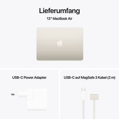 Lieferumfang eines 13" MacBook Air: USB-C Power Adapter, USB-C auf MagSafe 3 Kabel (2 m).