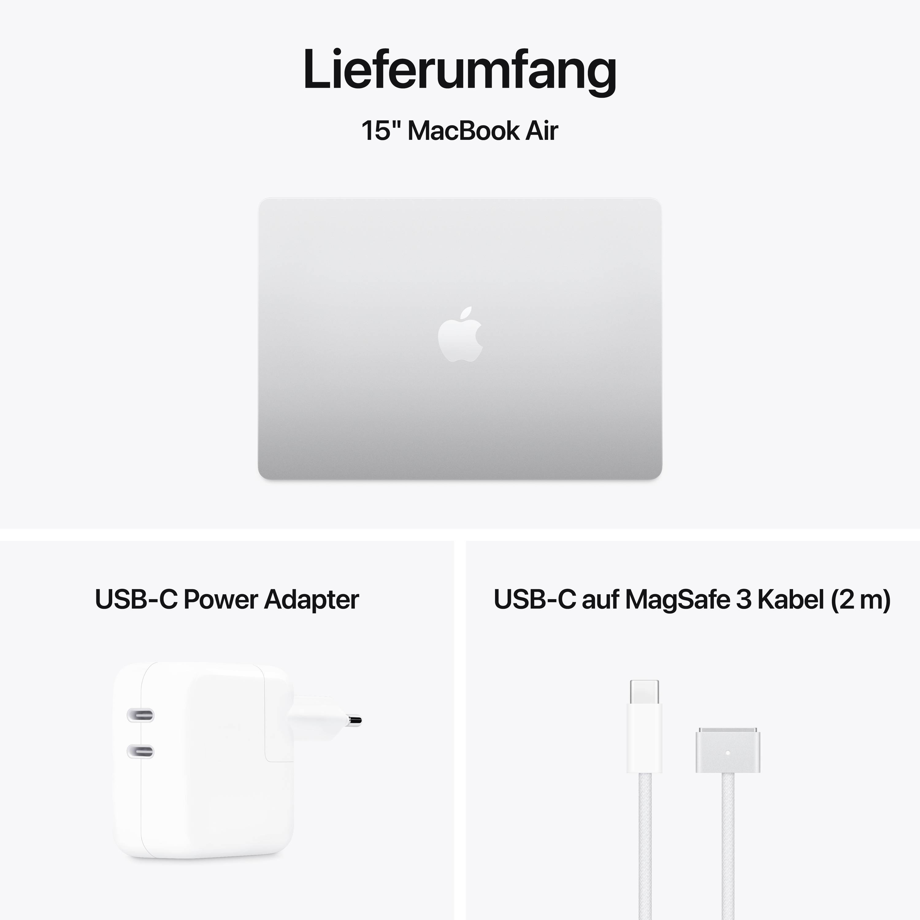 'Lieferumfang' zeigt einen 15" MacBook Air, USB-C Power Adapter und ein USB-C auf MagSafe 3 Kabel (2 m).