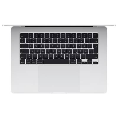 Silberner Laptop von oben, geöffneter Bildschirm nicht sichtbar. Tastatur mit schwarzem Hintergrund und silbernem Gehäuse.