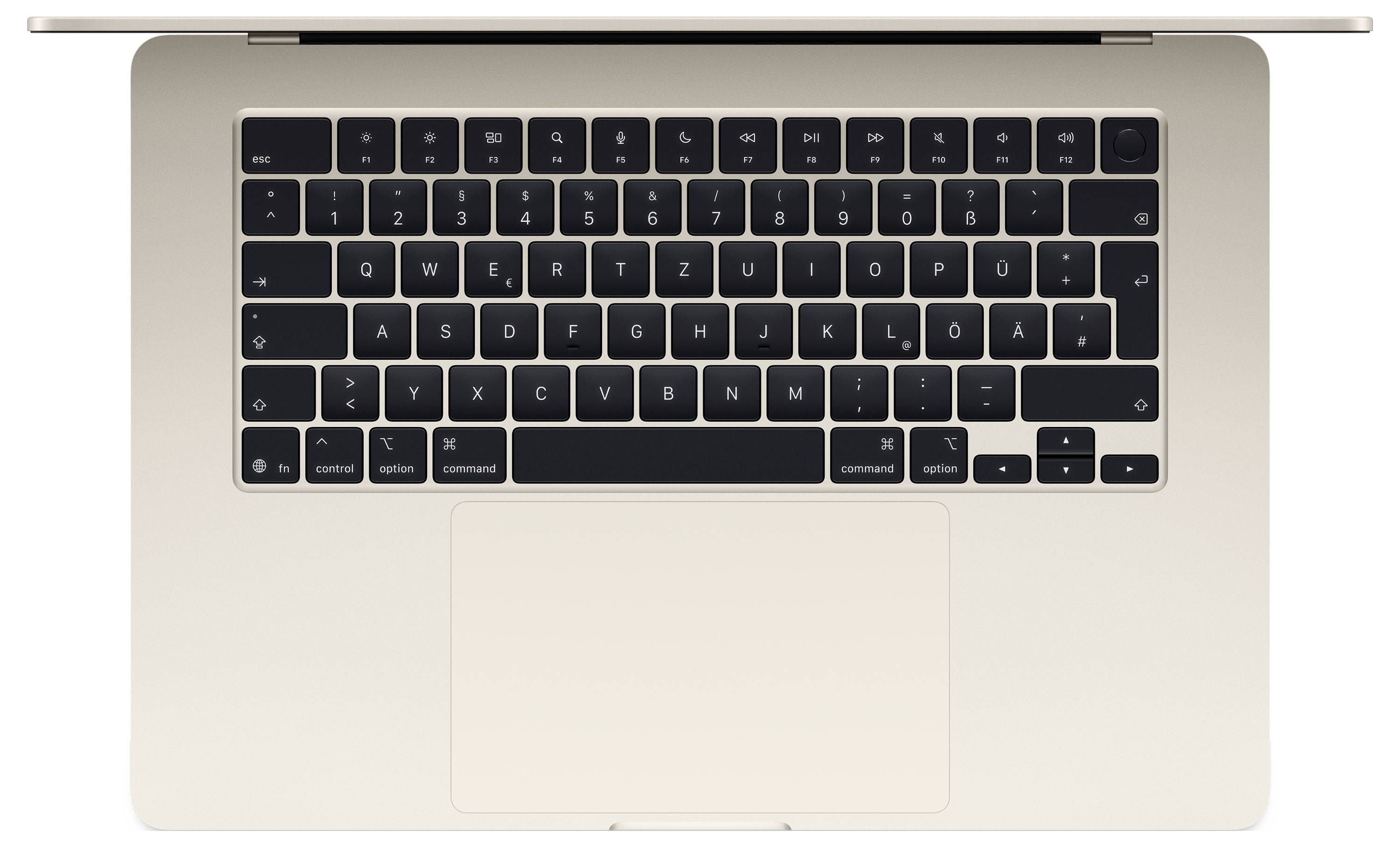 Ein Laptop mit schwarzer Tastatur und Trackpad, von oben gesehen. Tastenlayout ist im deutschen QWERTZ-Format.