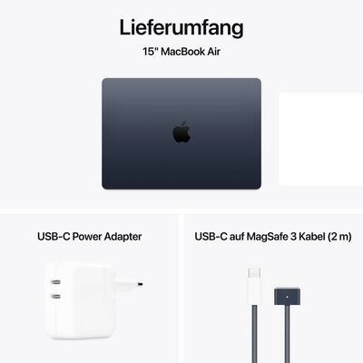 Lieferumfang eines 15" MacBook Air in der Abbildung: USB-C Power Adapter und USB-C auf MagSafe 3 Kabel (2 m).