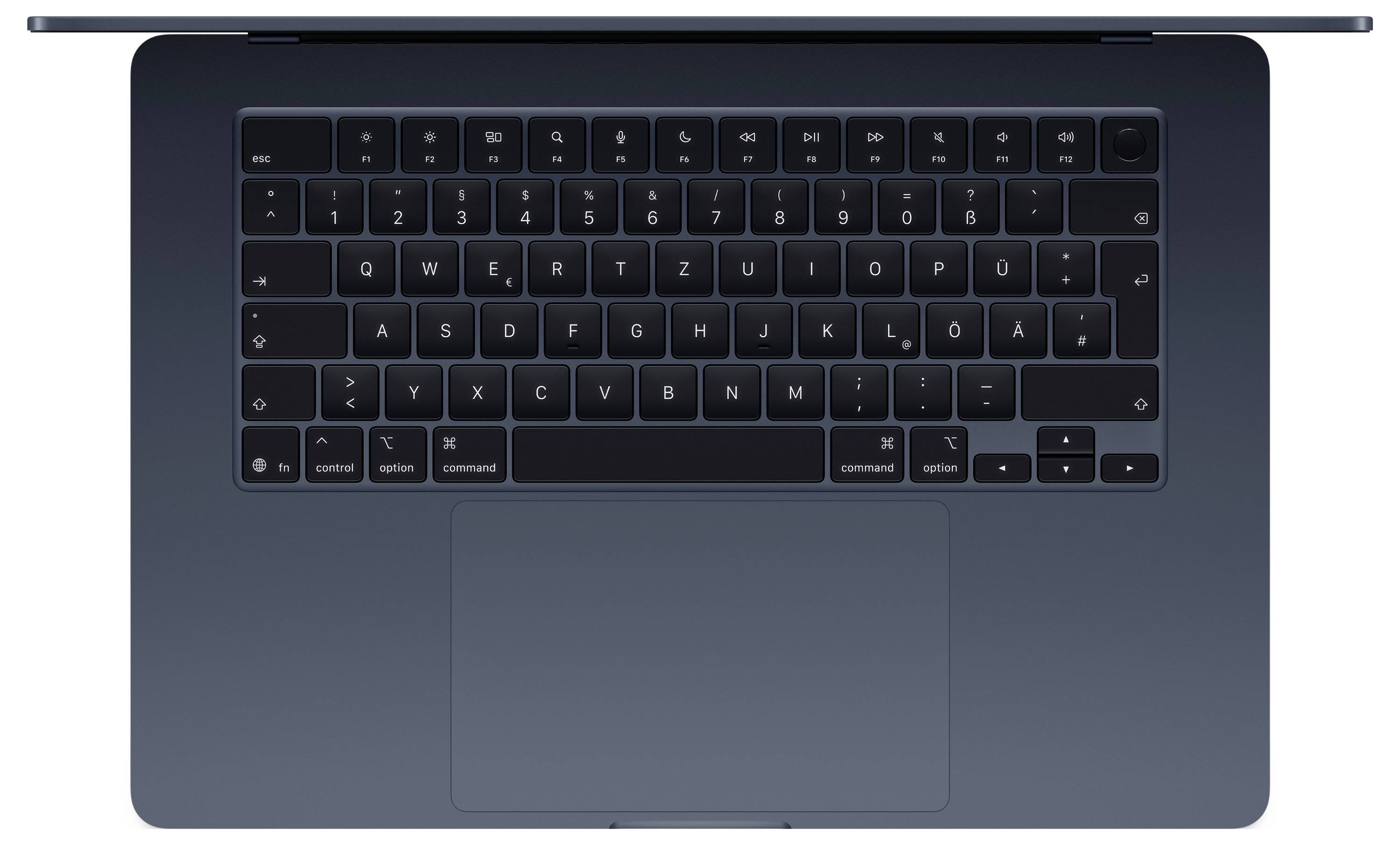 Laptop-Tastatur in einer Draufsicht. Schwarzes Design mit QWERTZ-Layout. Trackpad unter der Tastatur sichtbar.