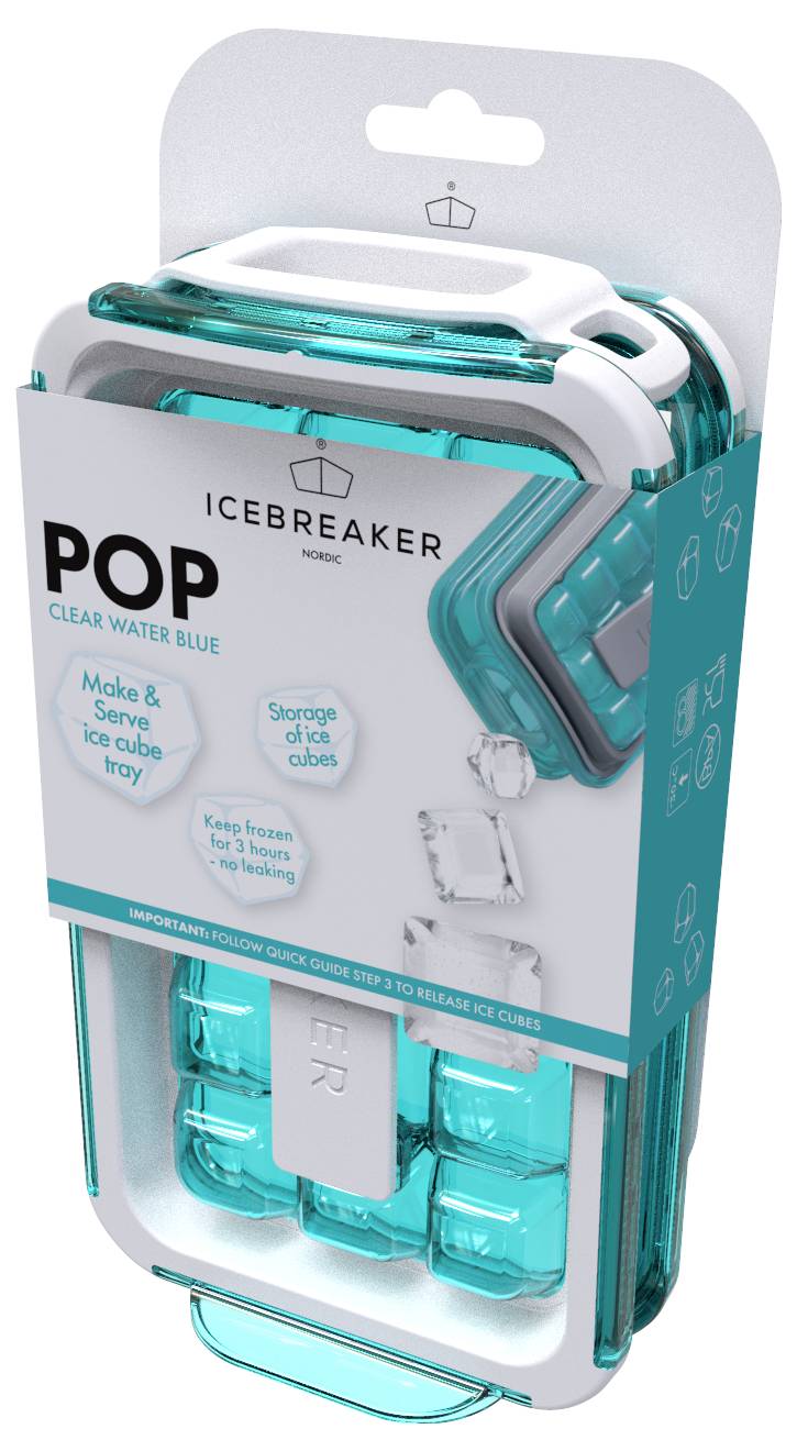 'ICEBREAKER' Eiswürfelform in türkis, verpackt. Text auf Verpackung: 'Make & Serve ice cubes tray', 'Storage of ice cubes'.