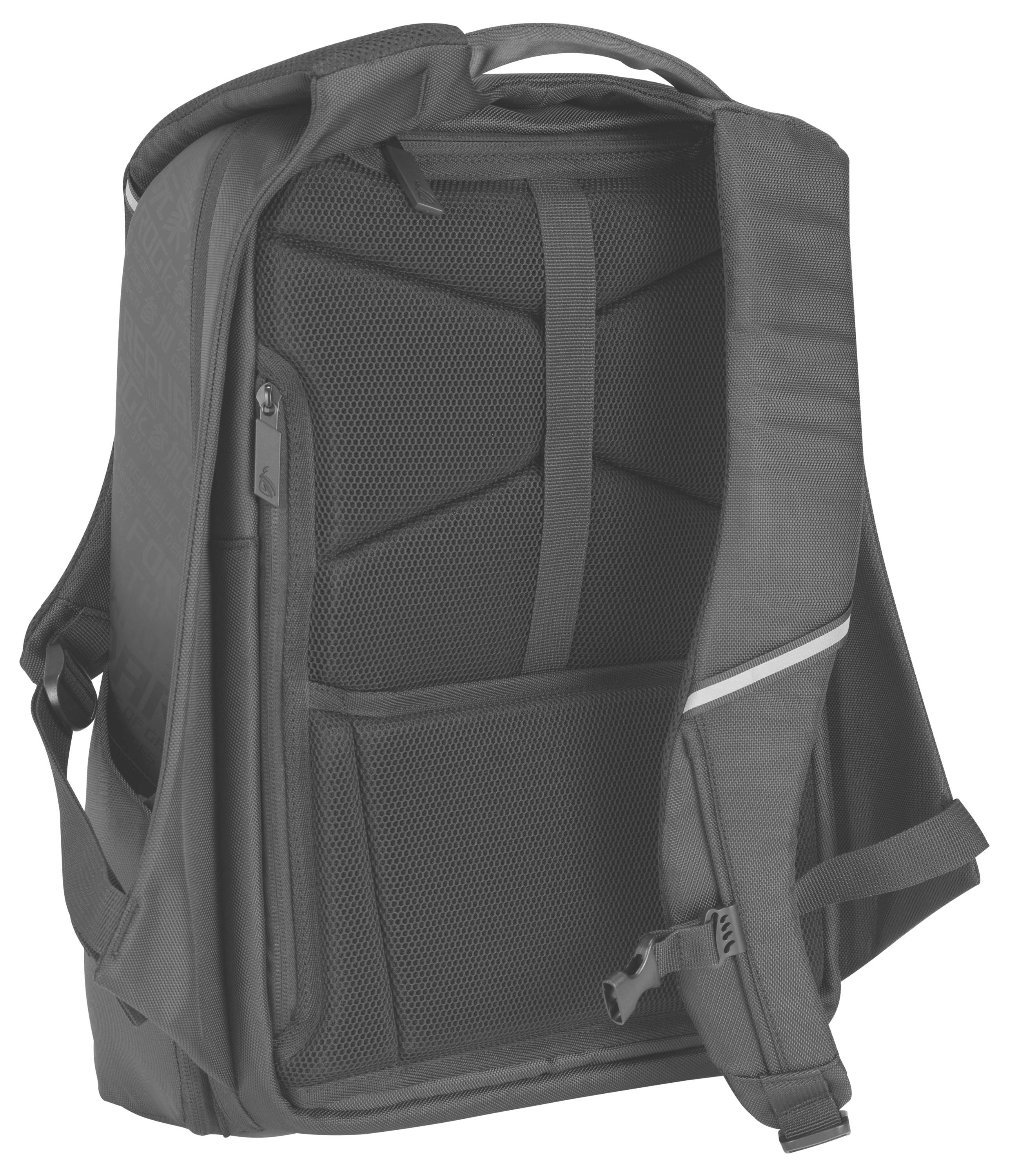 Grau-schwarzer Rucksack, Ansicht von hinten, zeigt gepolsterte Träger und Rückenpolsterung für Komfort.