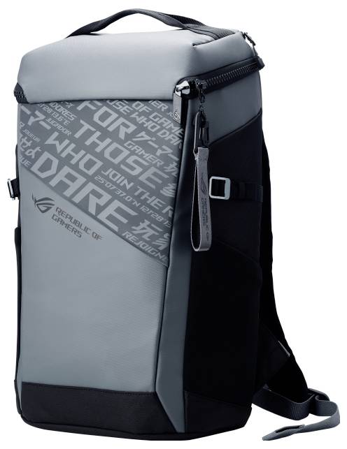Grauer Gaming-Rucksack mit Tragegriff und ROG-Logo. Der Rucksack hat seitliche Taschen und einen Reißverschluss oben, geeignet für Laptops.