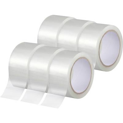 Drei Rollen transparentes Klebeband, übereinander gestapelt, Seitenansicht. Geeignet zum Verpacken und Versiegeln.
