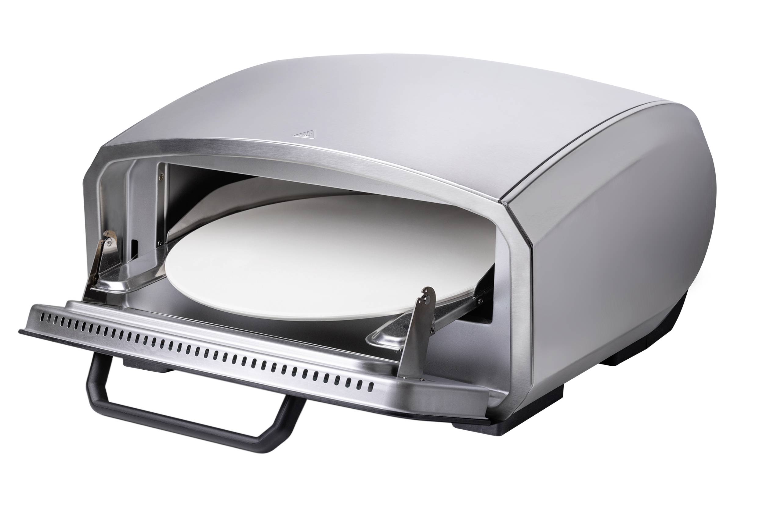 Ein tragbarer Pizzaofen aus Metall mit offenem Deckel zeigt einen runden Pizzastein im Inneren. Geeignet für den Außenbereich.