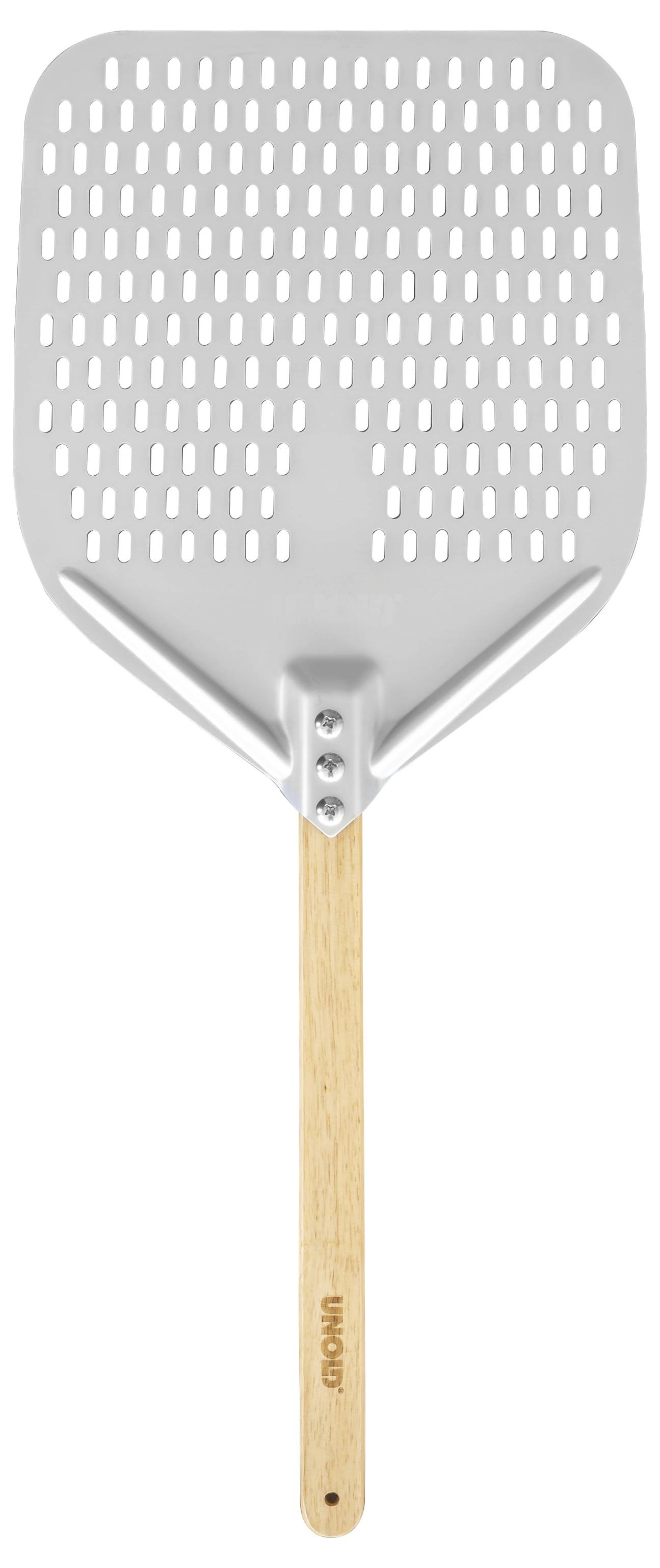 Metallschaufel mit Löchern und Holzgriff, verwendet zum Schieben und Entnehmen von Pizzen aus Öfen.