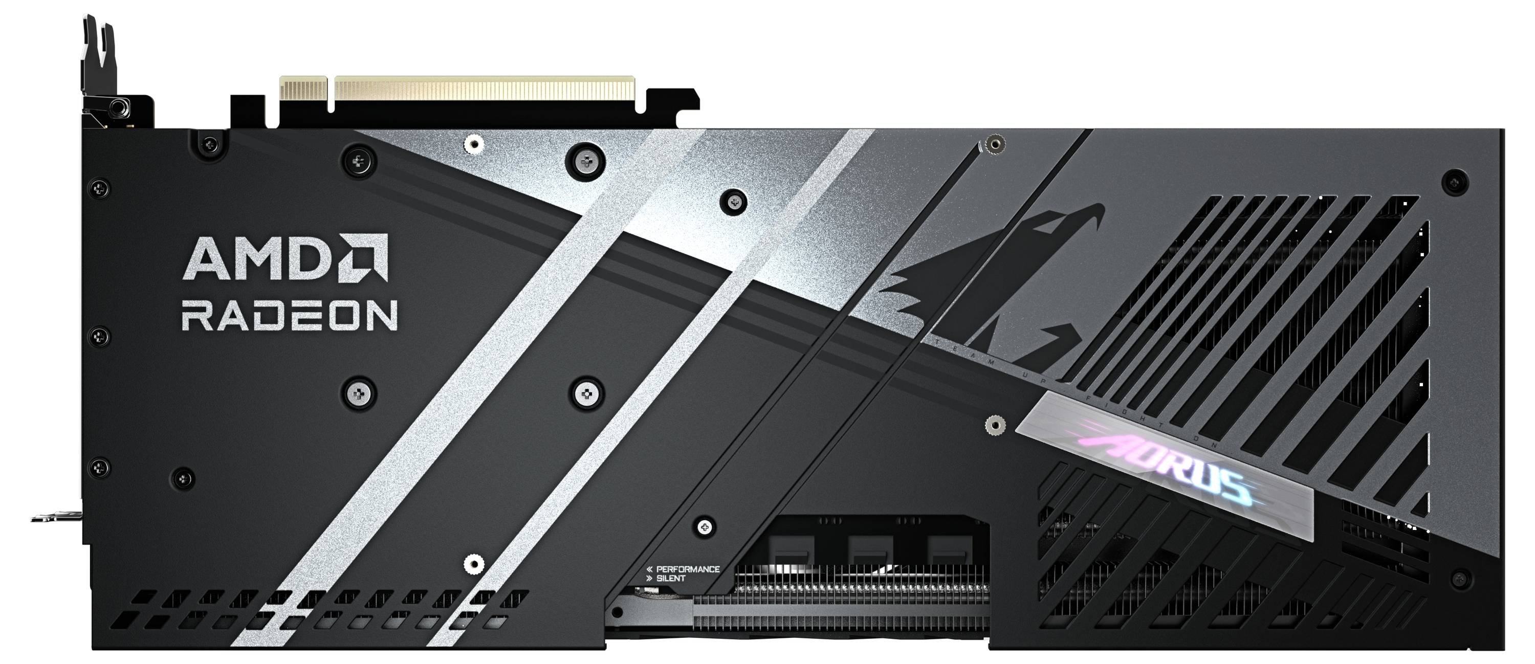 Rückseite einer schwarzen Grafikkarte mit auffälligem Aorus-Logo und AMD Radeon-Schriftzug. Design mit metallischen Akzenten.
