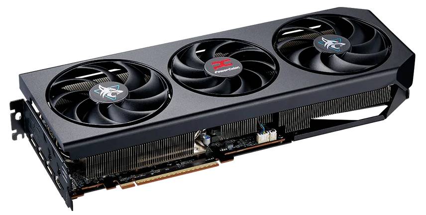 Eine schwarze Grafikkarte mit drei Lüftern und sichtbaren Kühlrippen. Sie ist kompakt und für leistungsstarke Computer geeignet.