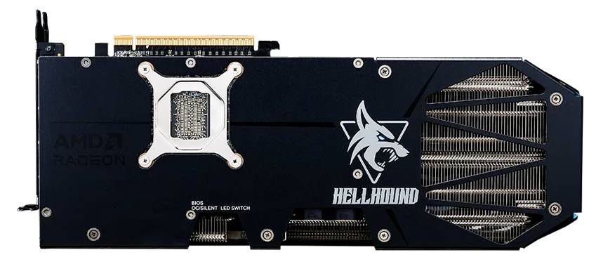 Grafikkarte mit markantem Kühlkörperdesign, Firmenlogo eines stilisierten Wolfskopfes und Text 'Hellhound' auf der Seite.