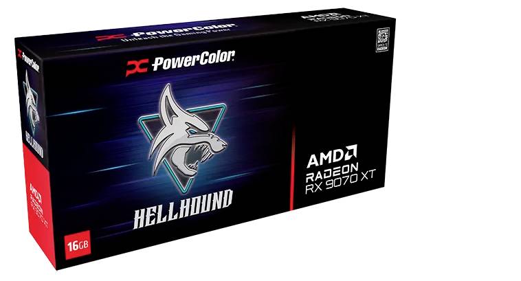 Verpackung der AMD Radeon RX 7900 XT Grafikkarte von PowerColor, Modell 'Hellhound', mit 16 GB Speicher, auf dunklem Hintergrund.