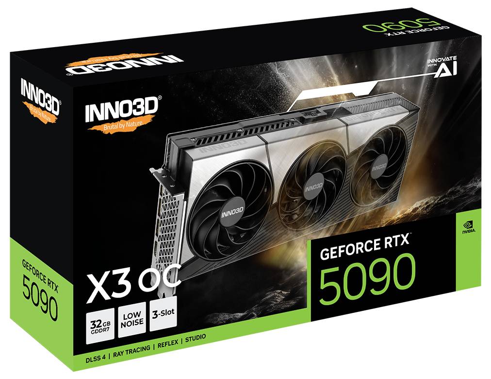 'INNO3D GeForce RTX 5090 X3 OC' Grafikkarte in Verpackung gezeigt, mit Details zur Low Noise 3-Slot-Technologie und DLSS 4.
