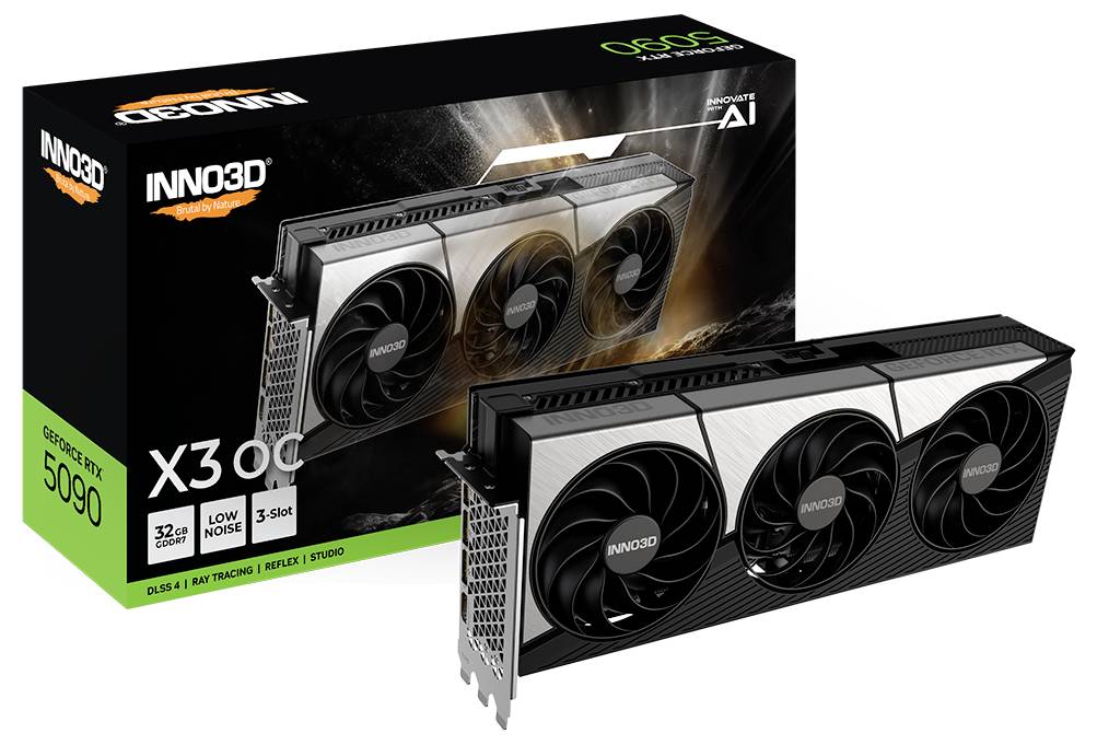 Grafikkarte 'INNO3D GeForce RTX 5090 X3 OC' mit Verpackung. Hauptmerkmale: 32 GB Speicher, leiselaufend, Reflektoren.