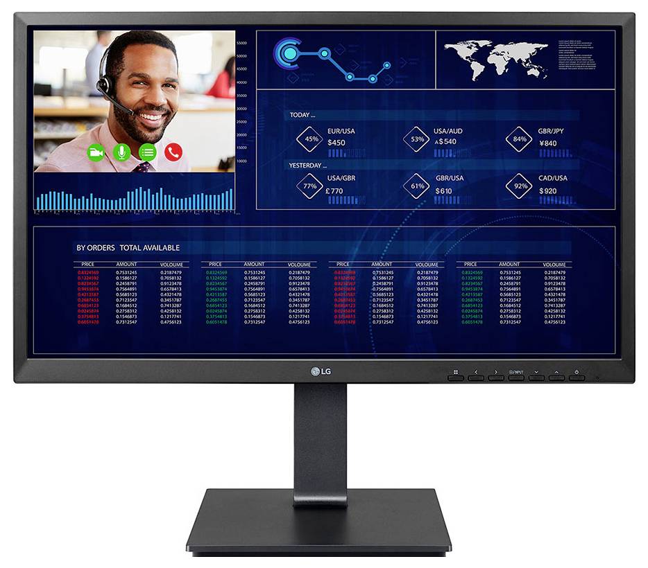 Ein Computermonitor zeigt einen Videoanruf mit einer lächelnden Person auf der linken Seite und einem Finanzdashboard mit verschiedenen Währungskursen und Trends auf der rechten Seite.
