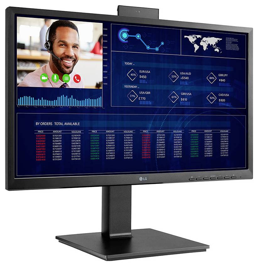 Ein Computermonitor, der einen Videoanruf mit einem lächelnden Mann zeigt. Umgebende Daten umfassen Verkaufszahlen und eine Weltkarte, die Regionen anzeigt.