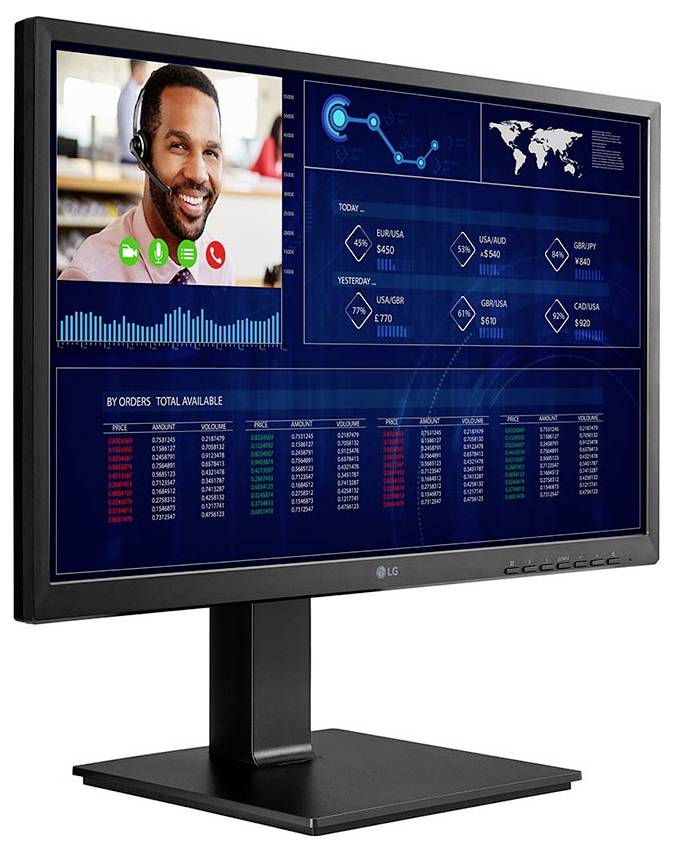 Ein Computerbildschirm zeigt einen Videoanruf mit einer Person, die ein Headset trägt, neben Datencharts, einer Weltkarte und Devisenkursen.