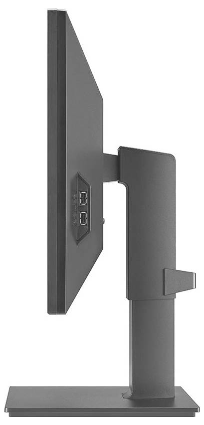Seitenansicht eines Flachbildschirms auf einem Ständer, der Neige- und Höhenverstellungsmöglichkeiten zeigt.