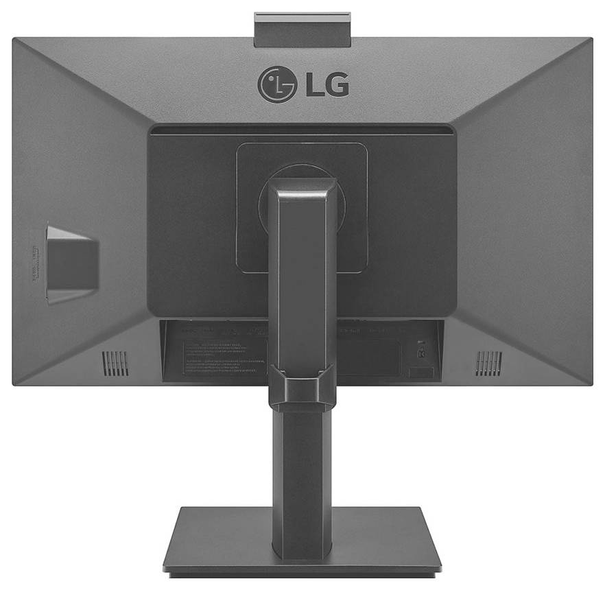 Rückansicht eines grauen LG-Computermonitors, der den Standfuß und die Anschlussports auf dem Rückenpanel zeigt.