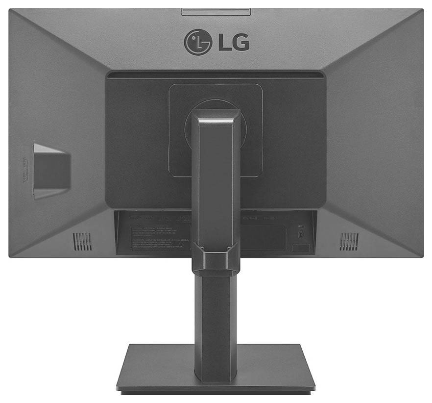 Ein schwarzer LG-Computermonitor wird von hinten betrachtet und zeigt seinen rechteckigen Ständer und die Rückseite des Bedienfelds.