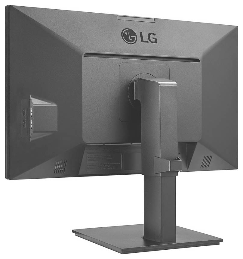 Ein schwarzer LG-Computermonitor, von hinten betrachtet, mit einem stabilen Ständer und Anschlüssen auf der Rückseite. Der Monitor verfügt über ein schlankes, modernes Design.