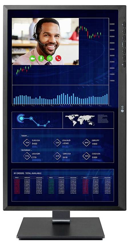 Ein Computermonitor zeigt einen Videoanruf mit einer Person mit Headset oben, darunter Grafiken und globale Finanzdaten.