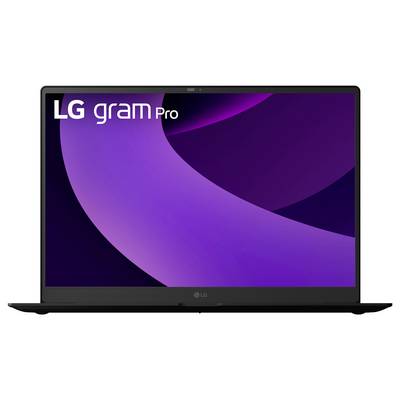 Ein Laptop-Bildschirm zeigt das Logo 'LG gram Pro' vor einem abstrakten, lila Hintergrund.
