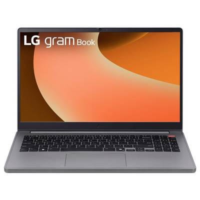 Ein Laptop-Modell von LG mit der Aufschrift 'LG gram Book' auf dem Bildschirm. Der Bildschirm zeigt ein orangfarbenes grafisches Muster.