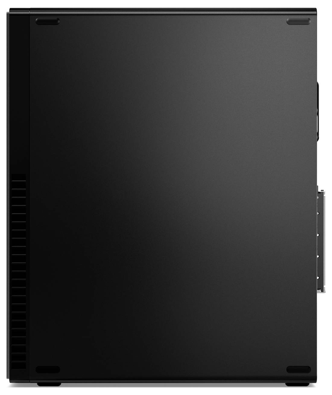 Schwarzes Computergehäuse in Seitenansicht, schlichtes Design ohne sichtbare Logos oder Beschriftungen, glatte Oberfläche.