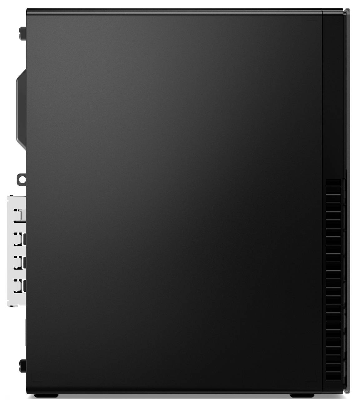 Schwarzes Computergehäuse von der Seite, schlichter Minimalismus, zeigt keine sichtbaren Marken oder Logos.