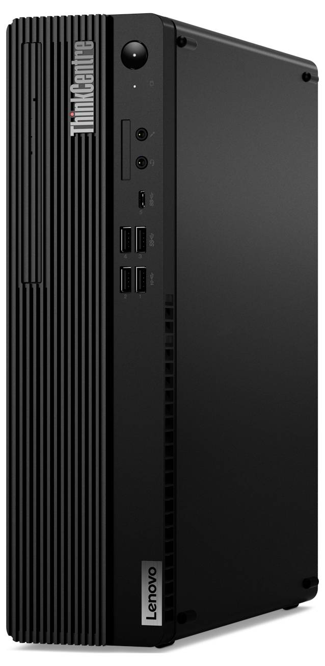 Ein schwarzer Computer-Tower mit Lenovo-Logo, mehreren USB-Anschlüssen und einem Netzschalter befindet sich aufrecht stehend.