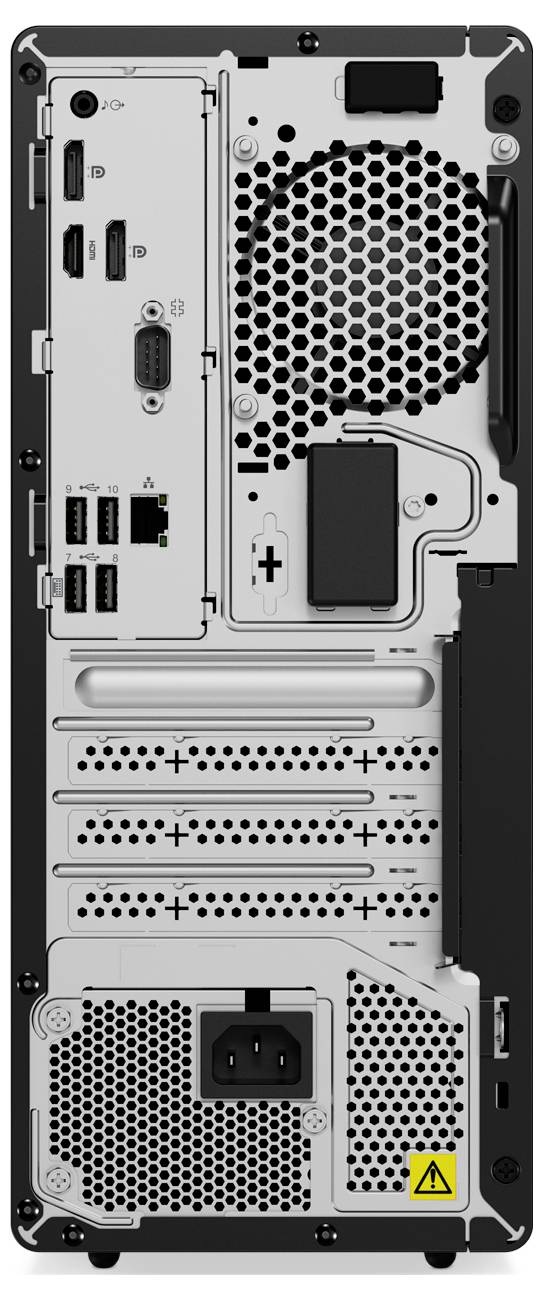 Rückseite eines Computergehäuses mit mehreren Anschlüssen: HDMI, USB-Ports, Stromanschluss und Lüftungsgitter.