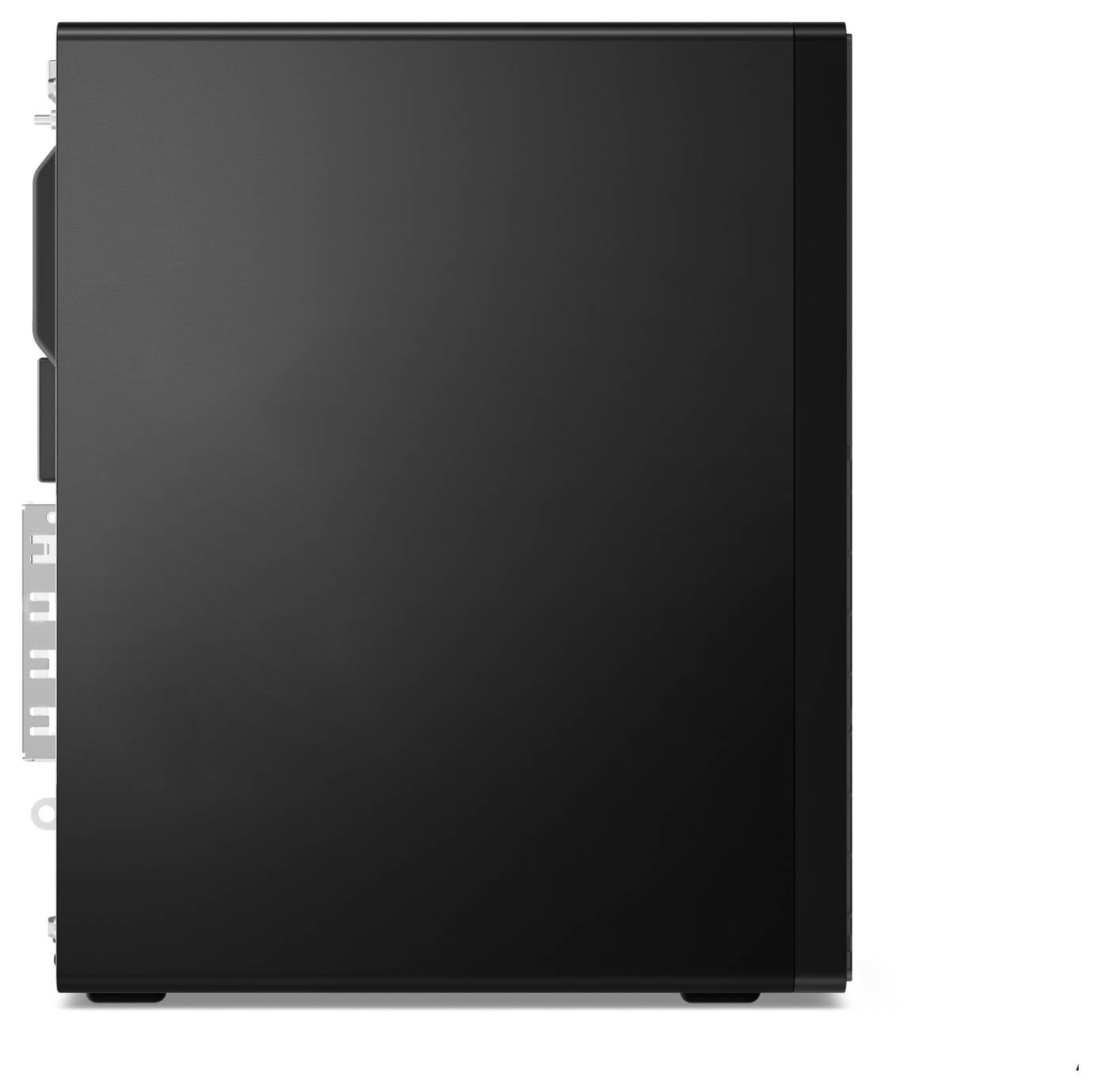 Ein schwarzes Computergehäuse ohne sichtbare Marken oder Logos. Es zeigt die Seitenansicht mit glatter Oberfläche.