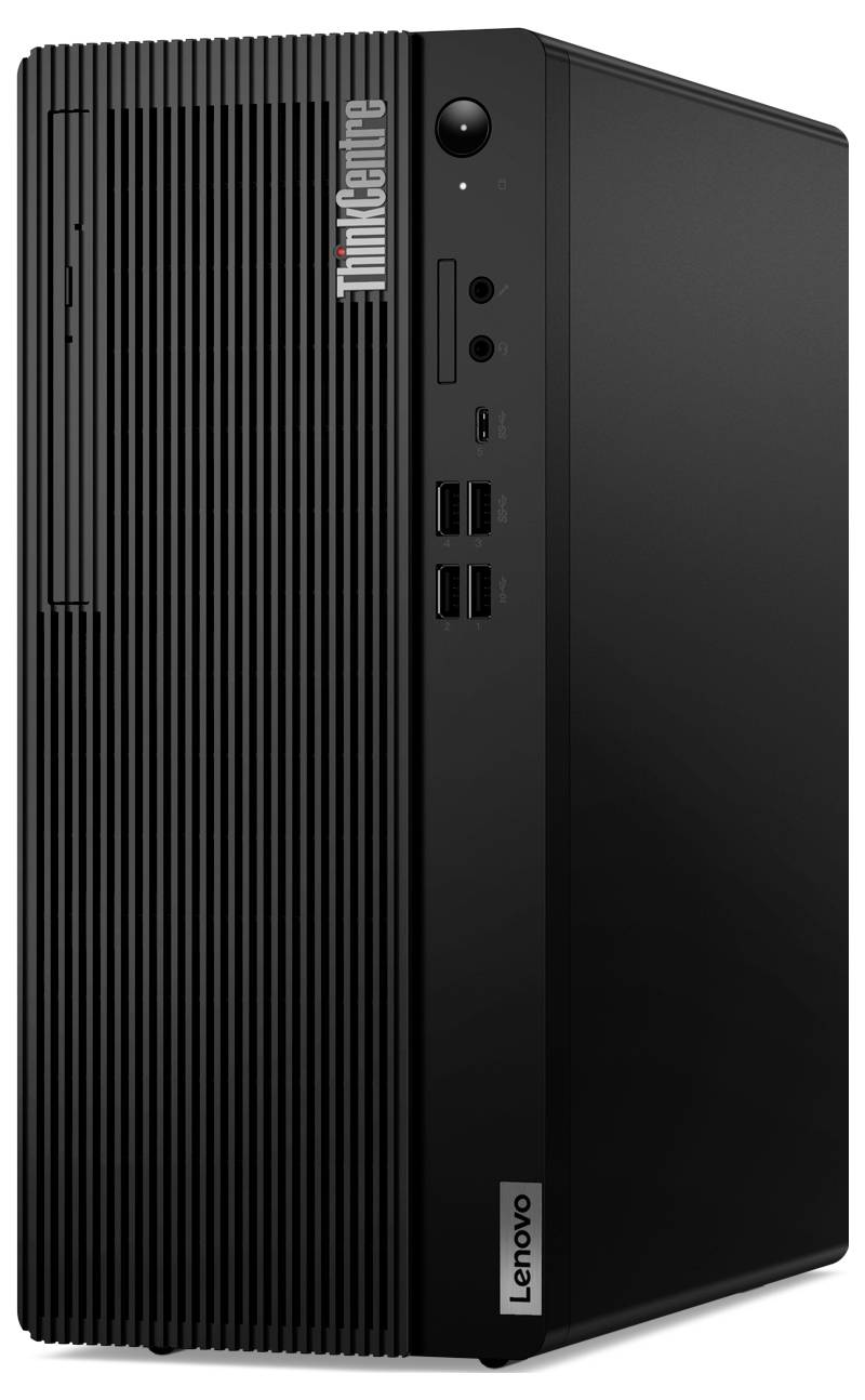 Schwarzer Lenovo ThinkCentre Tower-PC, vertikal ausgerichtet, mit Frontanschlüssen (USB, Audio) und markantem belüfteten Design.
