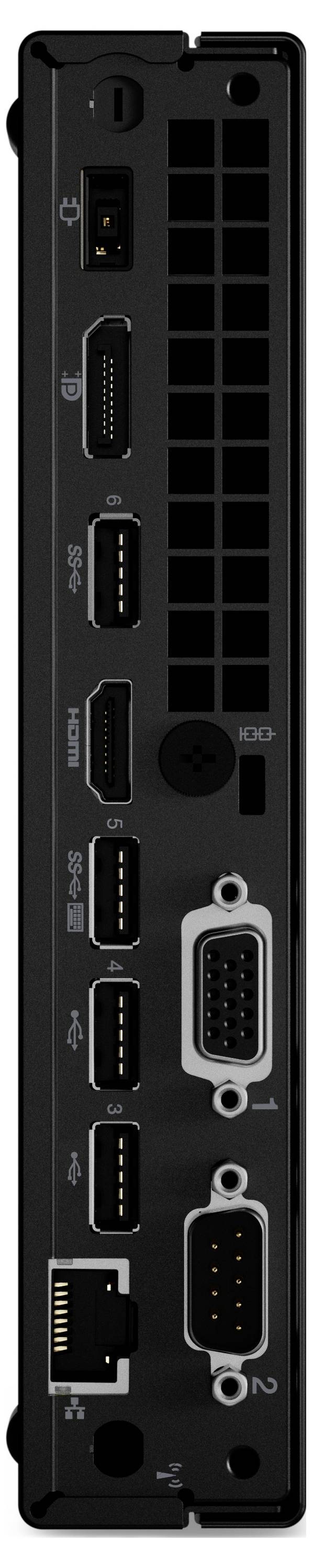 Rückseite eines Computers mit Anschlüssen: zwei serielle Ports, VGA, HDMI, vier USB-Anschlüsse, Ethernet und einem kleinen Stromanschluss.