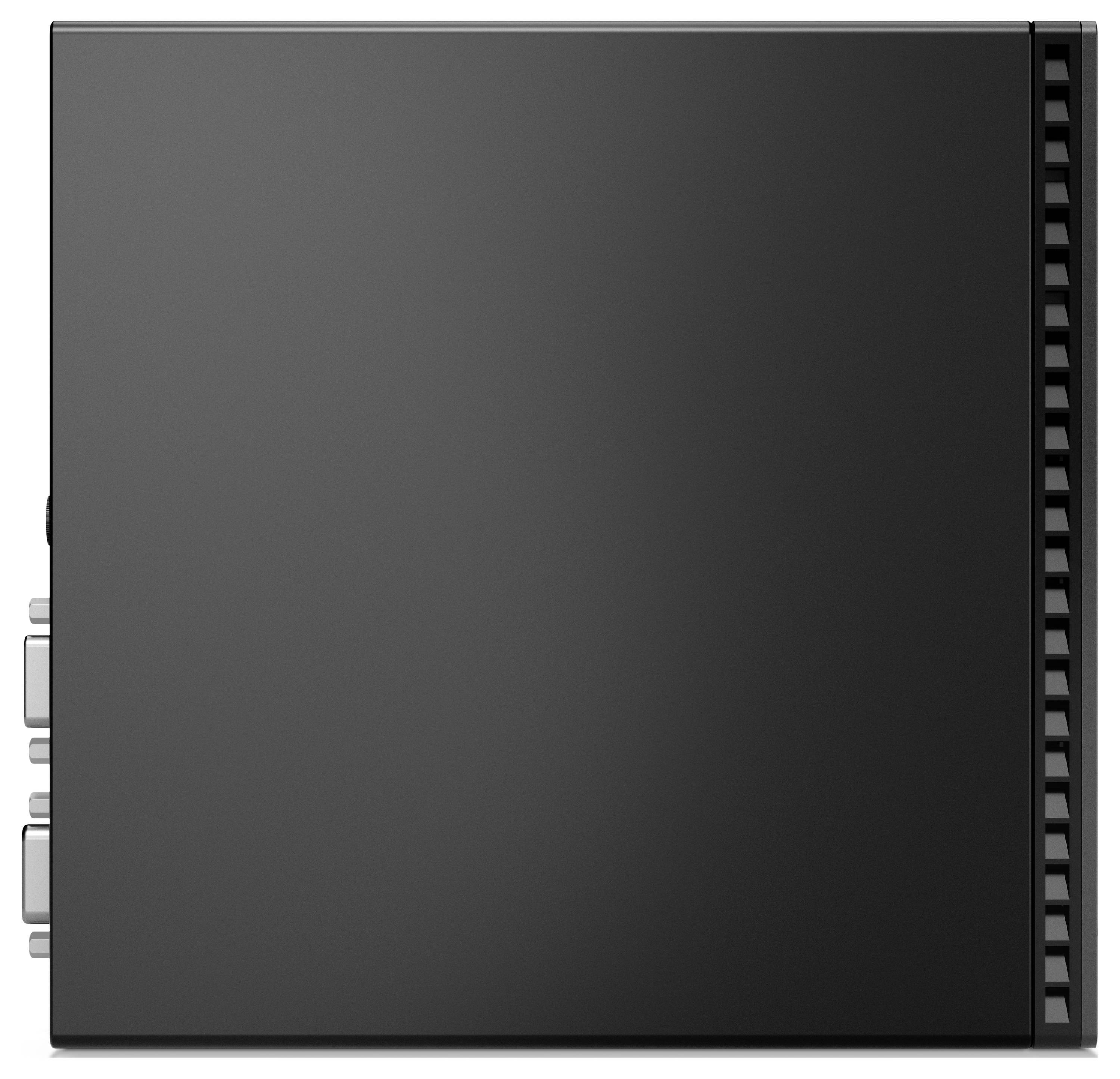 Ein schwarzer Computer mit Lüftungsschlitzen auf der rechten Seite. Links sind verschiedene Anschlüsse sichtbar.