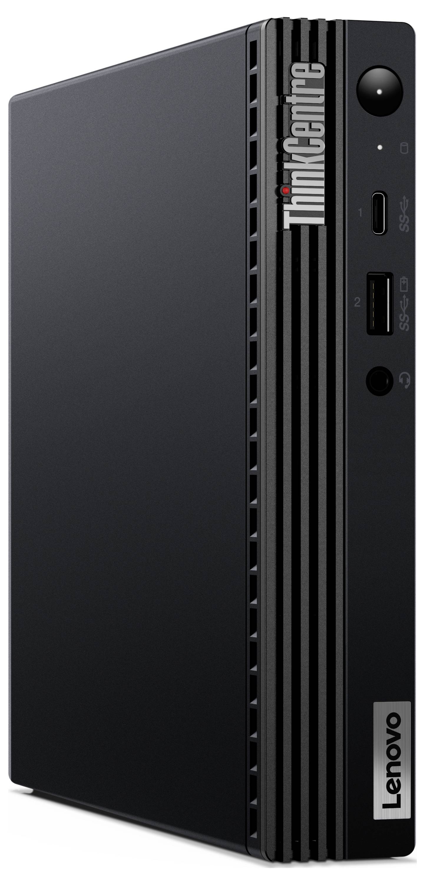 Ein schwarzer Lenovo ThinkCentre-PC mit mehreren Anschlüssen an der Vorderseite, darunter USB- und Audioanschlüsse.