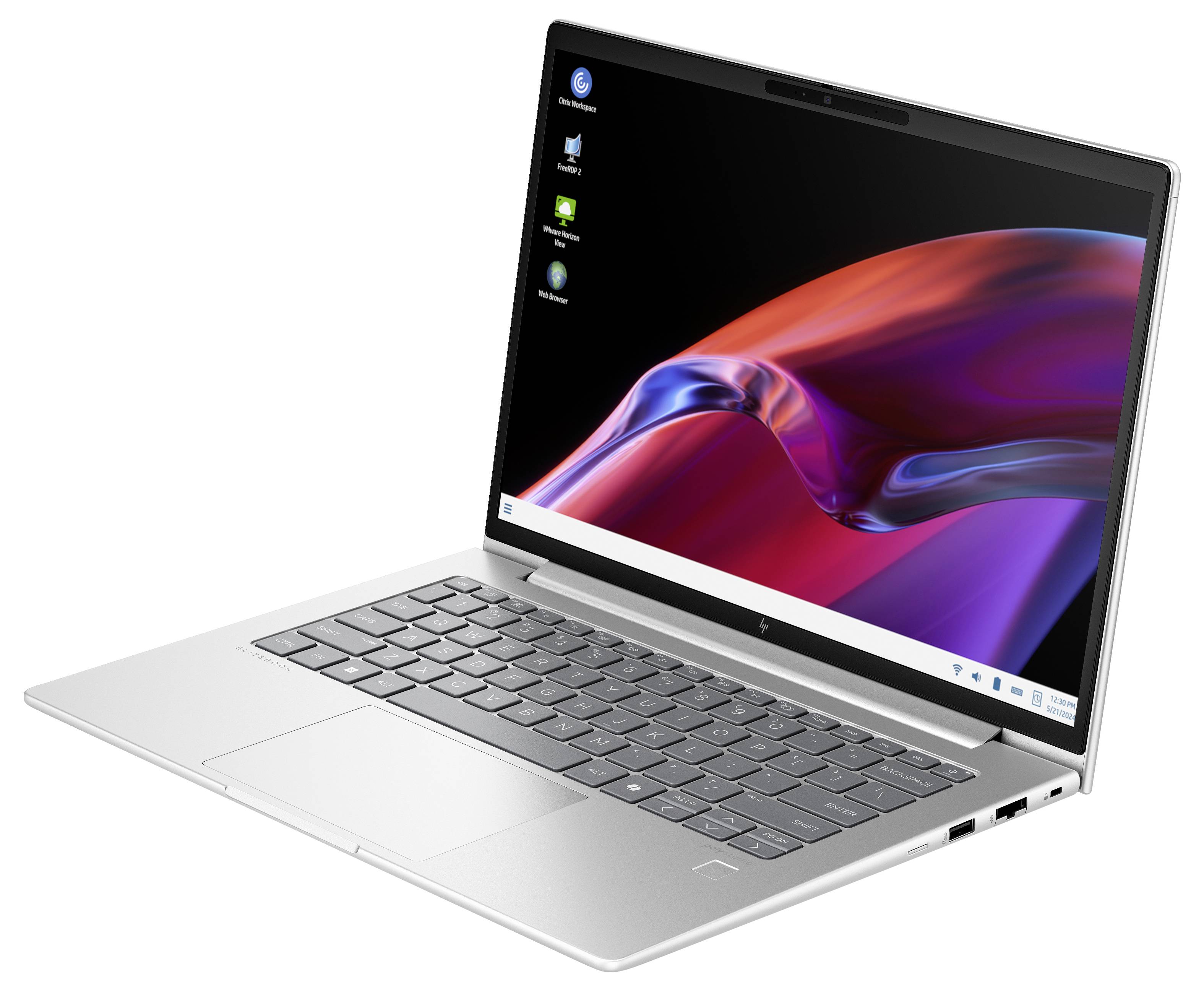 Silberner Laptop mit geöffnetem Bildschirm, der eine dynamische, bunte Grafik zeigt. Deutlich sichtbare Tastatur und Anschlüsse.