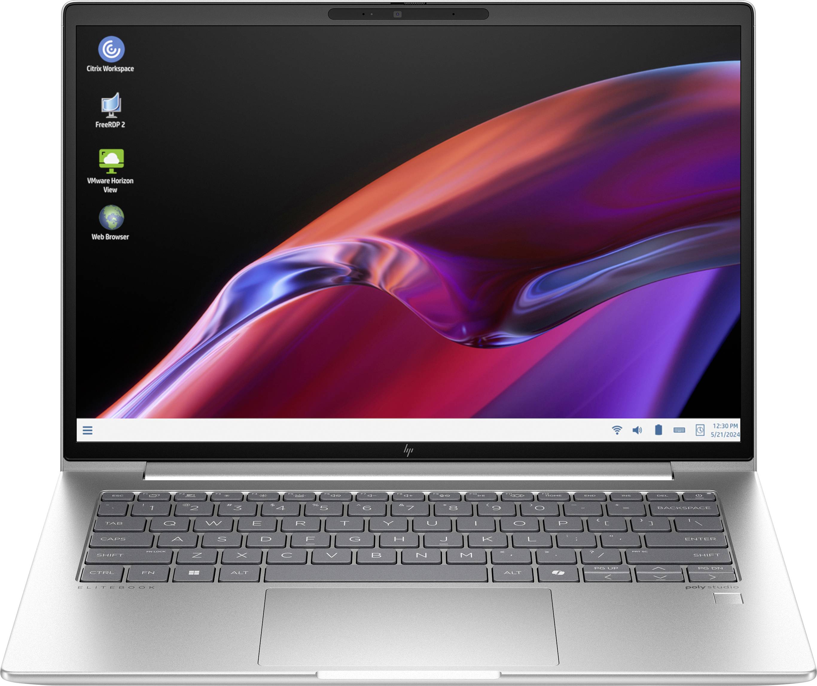 Ein Laptop mit einem geöffneten Bildschirm zeigt das Betriebssystem-Desktop mit vier Symbollverknüpfungen für verschiedene Anwendungen.