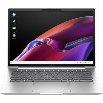 Ein Laptop mit einem geöffneten Bildschirm zeigt das Betriebssystem-Desktop mit vier Symbollverknüpfungen für verschiedene Anwendungen.