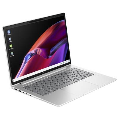 Ein silberner Laptop mit einem geöffneten Bildschirm, das ein buntes Hintergrundbild zeigt, steht auf einem Tisch. Tastatur sichtbar.
