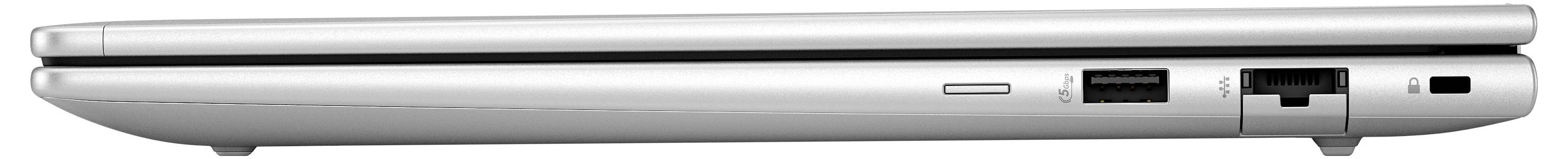 Silberner Laptop seitlich, geschlossen, zeigt Netzwerkschnittstelle und USB-Anschluss.