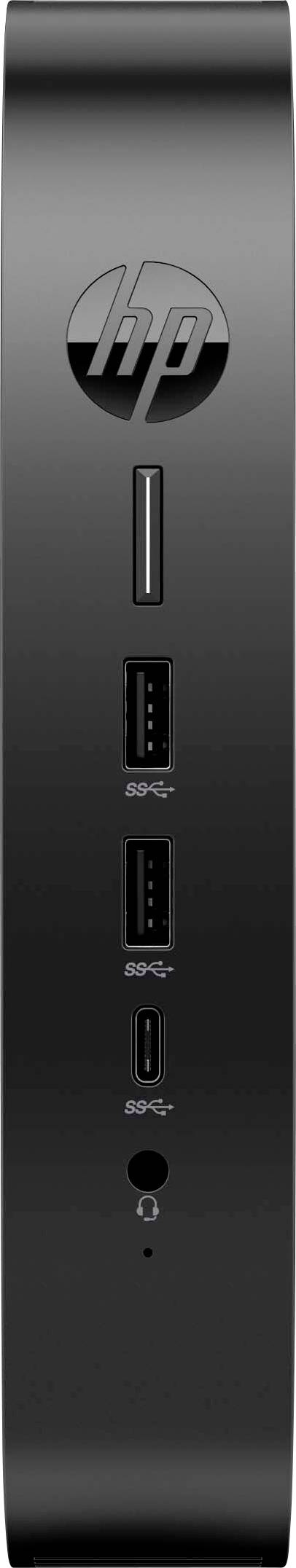 Ein kompakter, schwarzer HP Mini-PC mit vertikalen Anschlüssen: ein SD-Kartenleser, zwei USB-Ports, ein USB-C-Port und ein Kopfhöreranschluss.