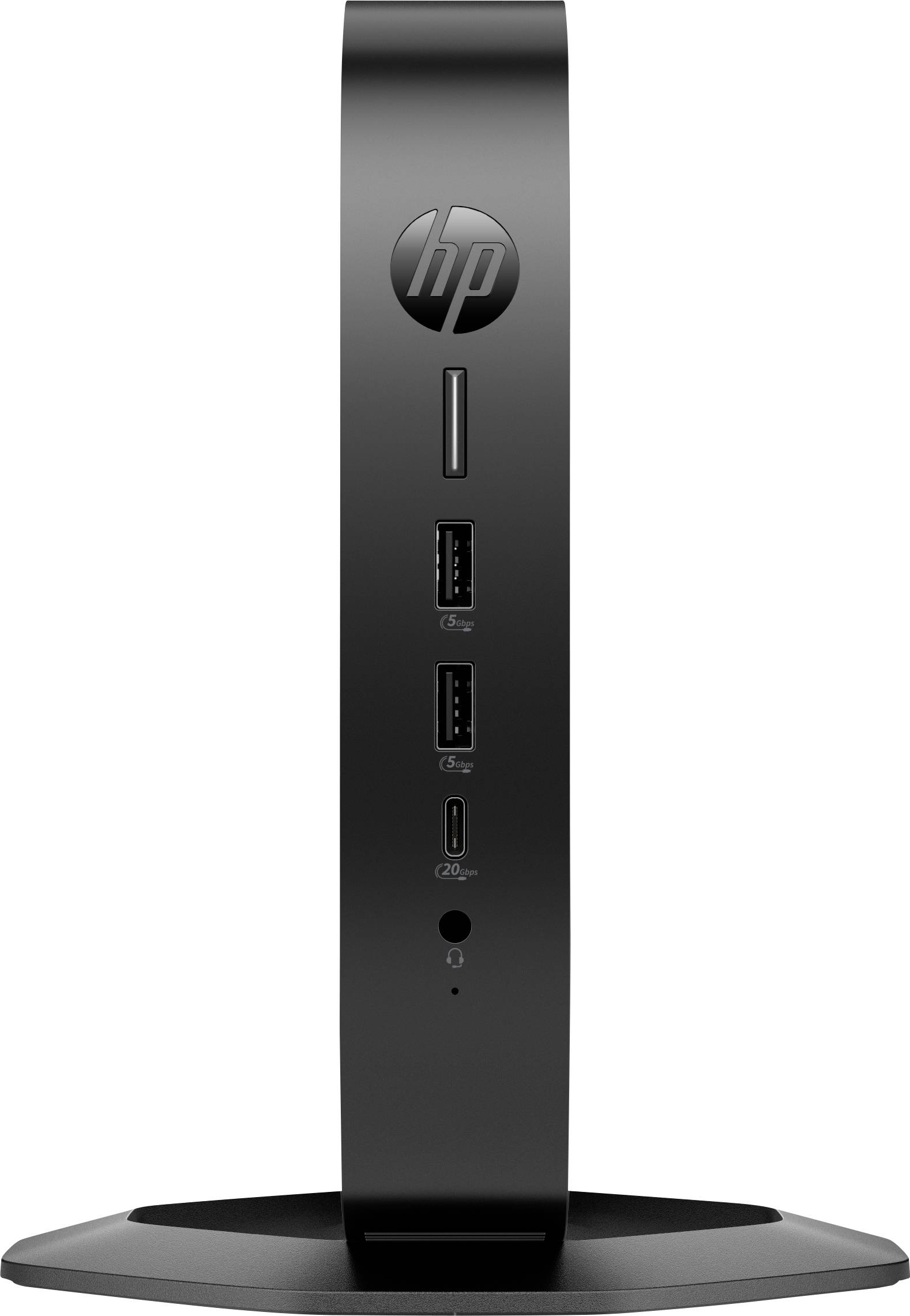 Schwarzer HP-Thin-Client, schlankes Design, vertikal positioniert. Frontalansicht mit sichtbaren USB-Anschlüssen und Logo oben.