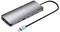 USB-C-Hub mit mehreren Anschlüssen, darunter HDMI, USB-A, USB-C, Ethernet und SD-Kartenleser. Adapter ist grau mit schwarzem Kabel.