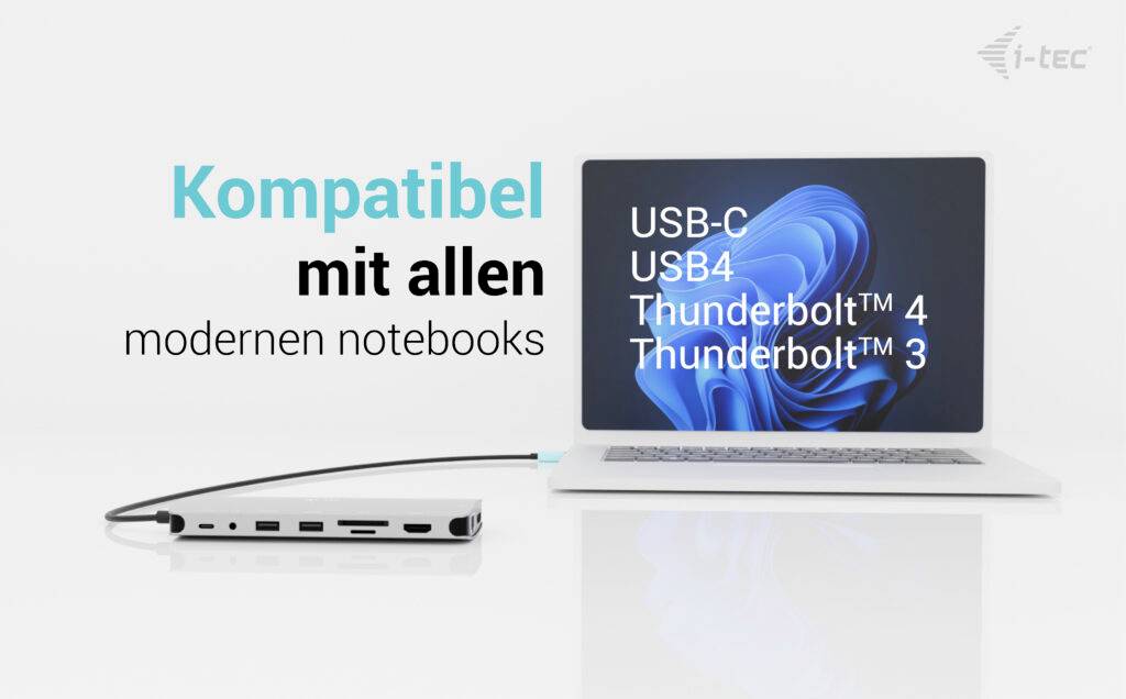 Laptop mit Dockingstation verbunden. Text: 'Kompatibel mit allen modernen Notebooks' und Anschlüsse: 'USB-C, USB4, Thunderbolt 4, Thunderbolt 3'.