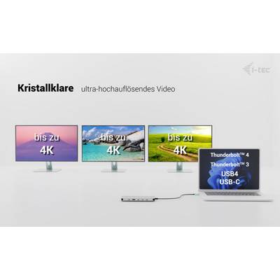 'Drei Monitore zeigen Landschaften in 4K-Auflösung, verbunden mit einem Laptop über USB-C und Thunderbolt. Text: Kristallklare ultra-hochauflösendes Video.'
