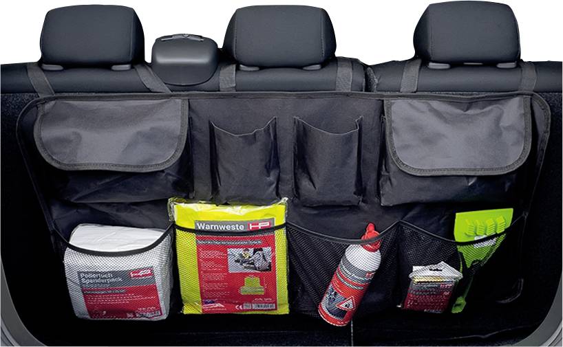 Rücksitz-Organizer für Autos mit mehreren Fächern, der eine Erste-Hilfe-Ausrüstung, Reinigungsmittel und eine Dose aufnimmt, konzipiert für praktische Aufbewahrung.