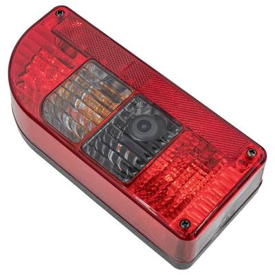 Ein rechteckiges rotes LED-Rücklicht mit mehreren Abschnitten und einer zentralen kreisförmigen Linse, möglicherweise für ein Fahrzeug oder einen Anhänger.